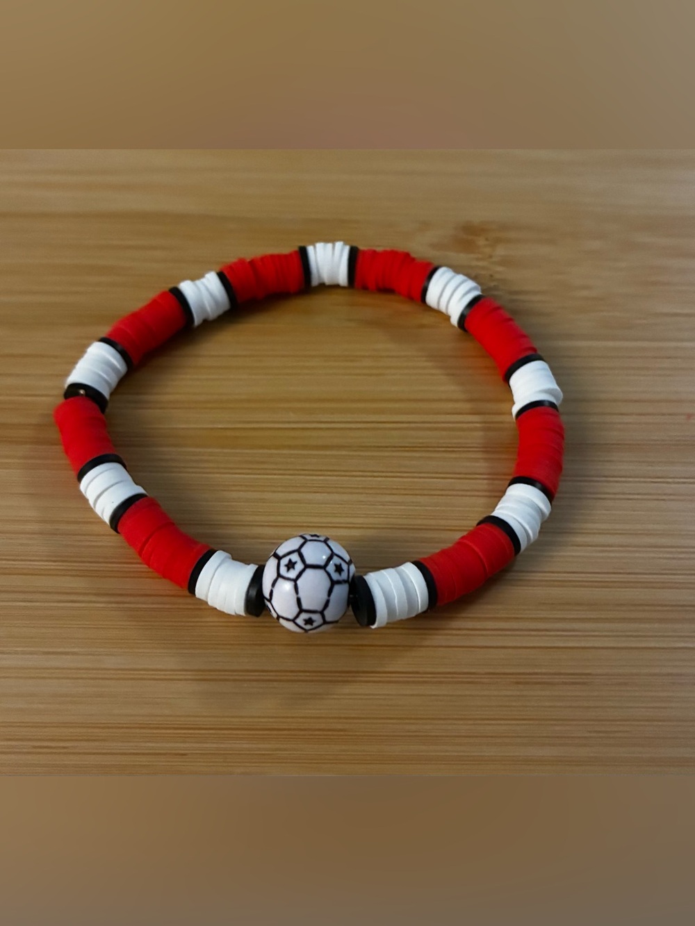 Soccer Beaded Stretch Bracelet - Red, Black , White